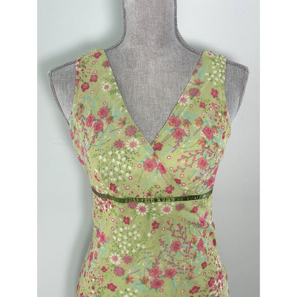 Rare Vintage Y2k Graffiti New York Chic Chiffon Green Floral Midi Dress size XS - Picture 3 of 7